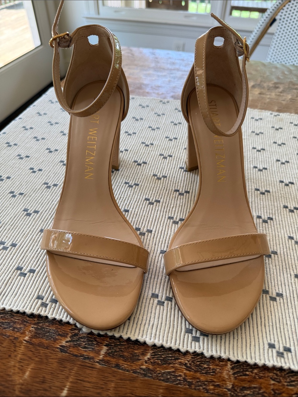 Stuart Weitzman Patent Nude Ankle-Strap Block Heels